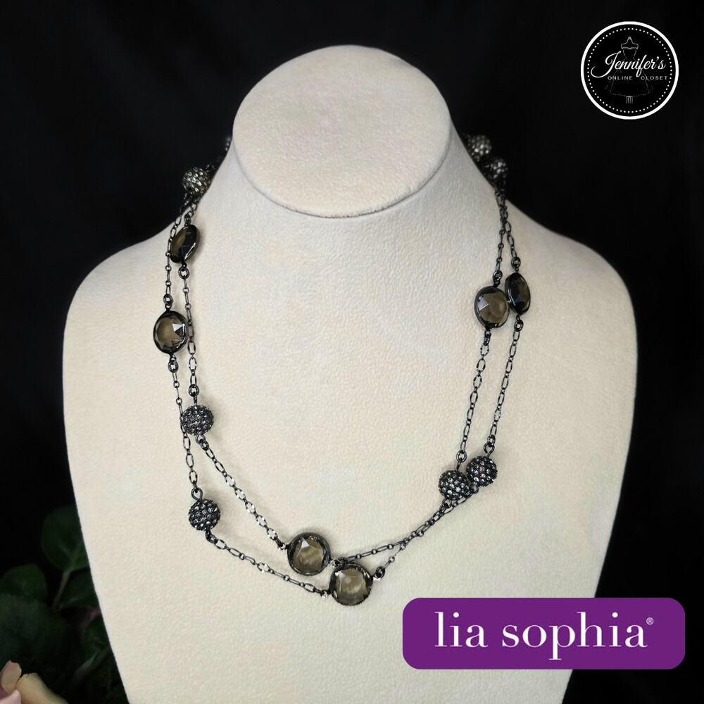 Lia Sophia "Jody" Gunmetal Pave' Rhinestone Ball Smoky Crystal Necklace